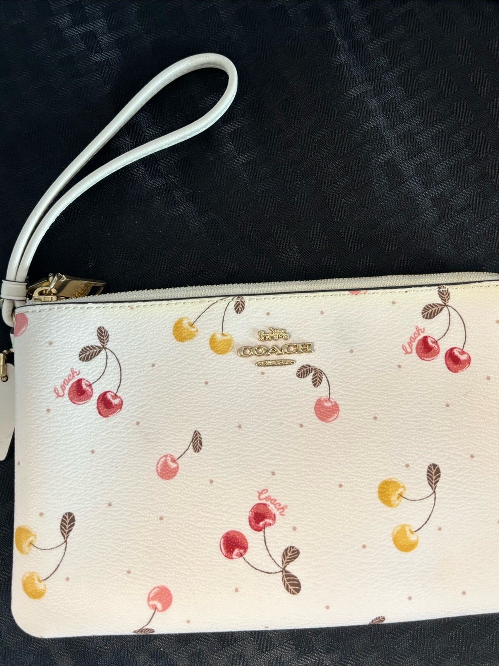 Coach White Cherry Print Wristlet with Gold Logo